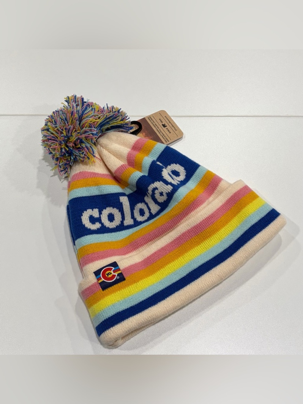 Yo Colorado Niji Mountain Pom Beanie Stripes Nwt Sandy Tan Ski Snowboarding